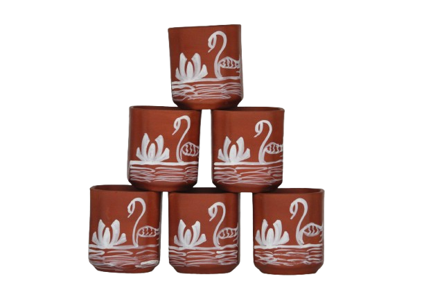 Clay Square Cup Set 170 ML (6 Piece) White Panting Swans Design