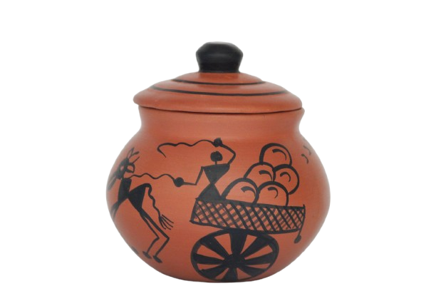 Clay Curd Pot with Cap 350 ML Warli Cart Design